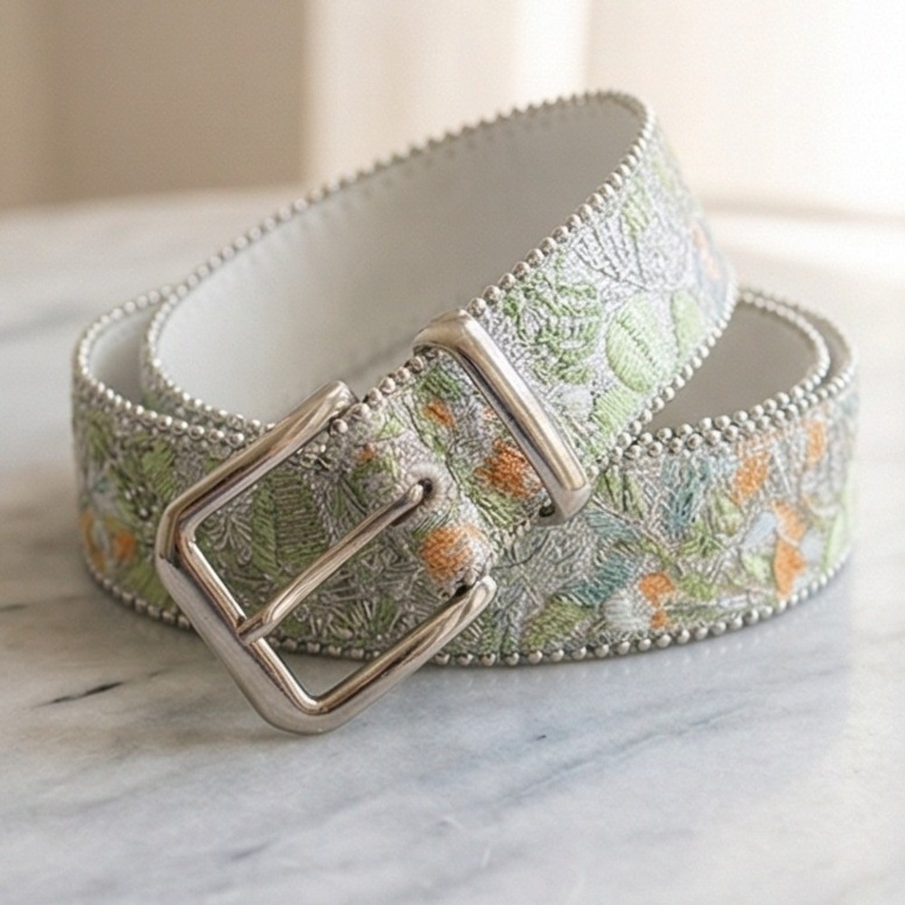 Vintage Rhinestone Embellished Floral Embroidered Belt Silver 50" Length NOS